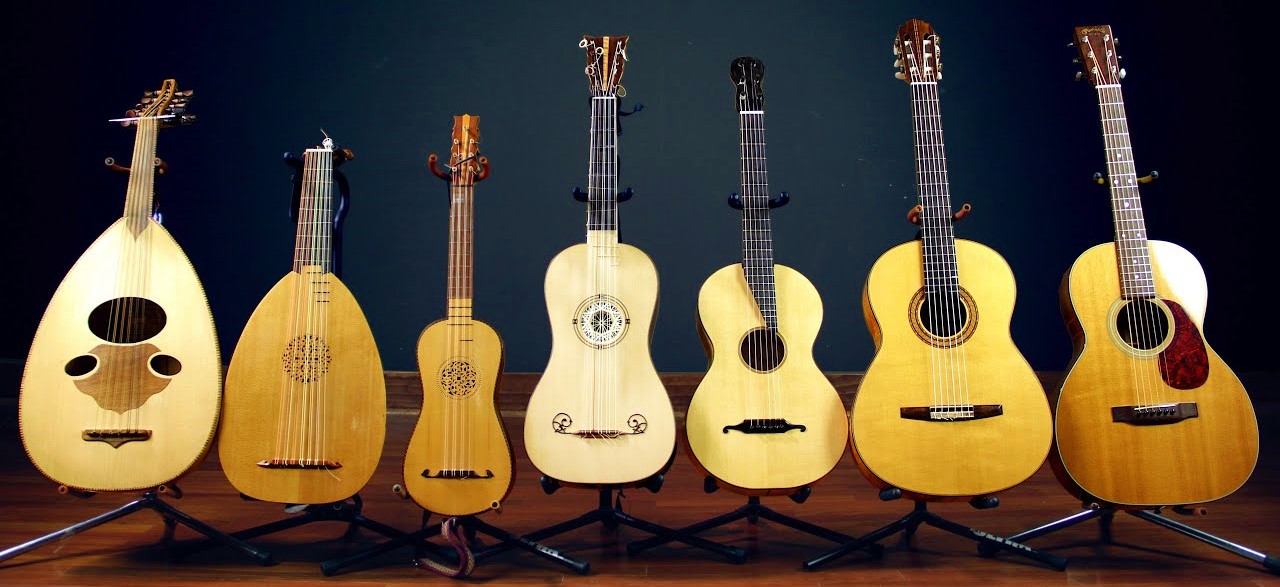History of guitar: (From left to right) Arabic Oud, Renaissance Lute, Vihue...